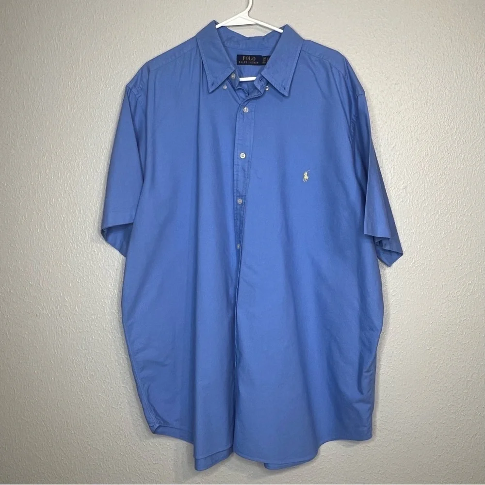 Ralph Lauren Shirt Mens 2XB Blue Button Up Yellow Pony Logo Short Sleeve